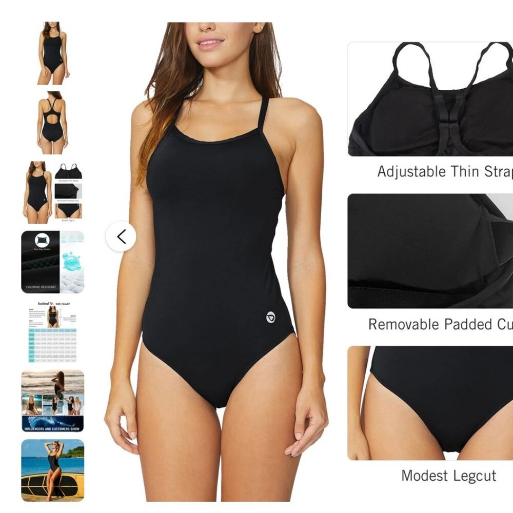 Womens Baleaf Black Onepiece Swimsuit/bathingsuit racerback lifeguard Sz36 NWOT